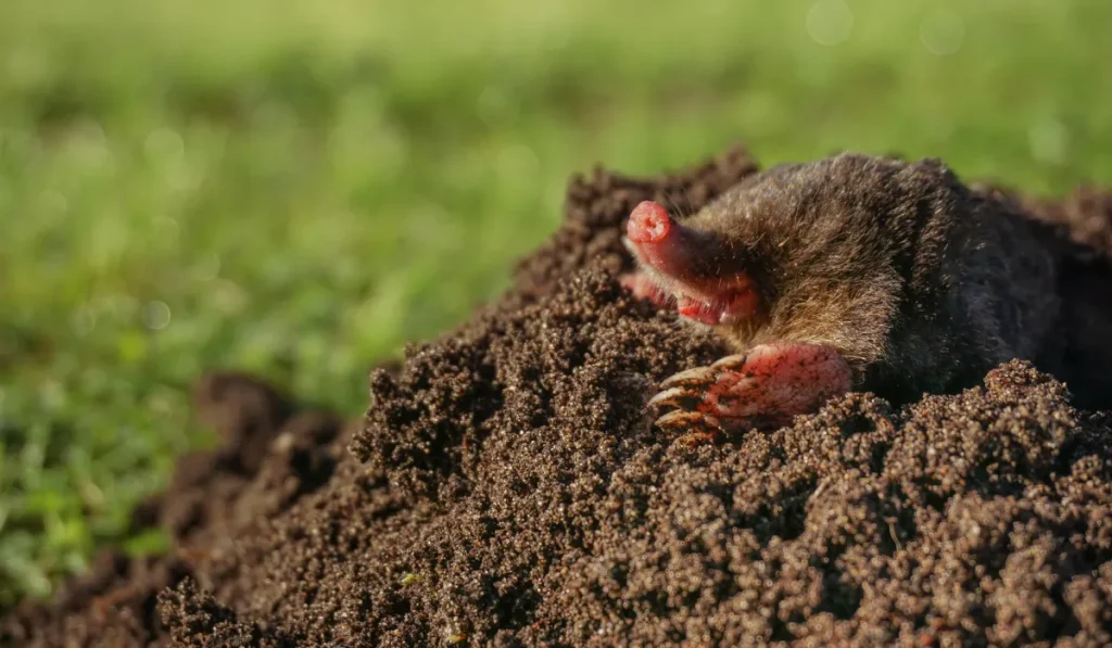 Wild mole emerging from fresh dark molehill mound on green lawn, garden pest control, lawn care services, and landscaping damage awareness